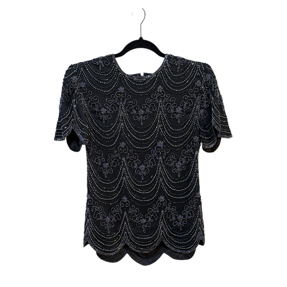 Adrianna Papell Boutique Evening Black 100% Silk All Over Beaded Top Small